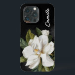 Funda Para iPhone 13 Pro Elegante Magnolia Floral Personalizada<br><div class="desc">Un ilustracion Magnolia elegante sobre un fondo de color agua negro. Edite el nombre haciendo clic en Personalizar.</div>