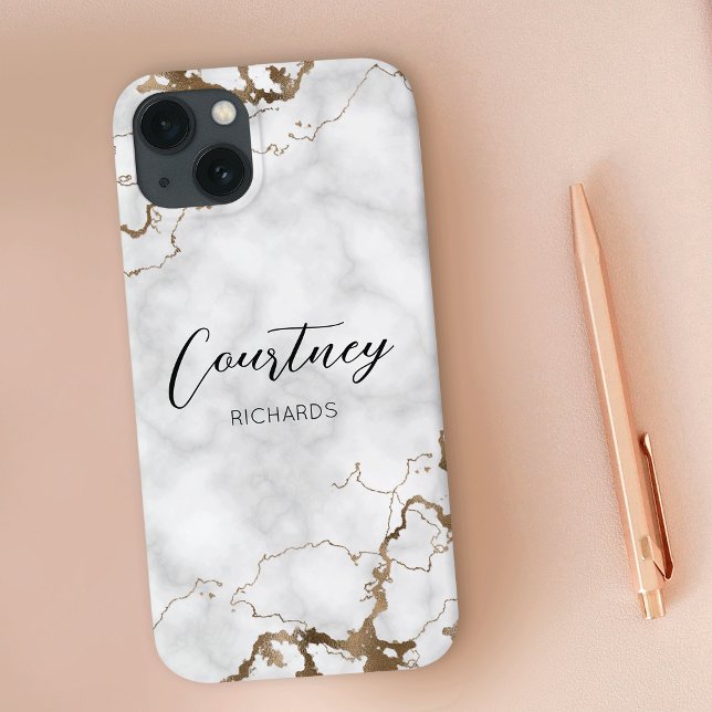Funda De Case-Mate Para iPhone Elegante Marble Faux Gold Purpurina Monograma Nomb (Gold glitter marble personalized phone case with custom name or logo)