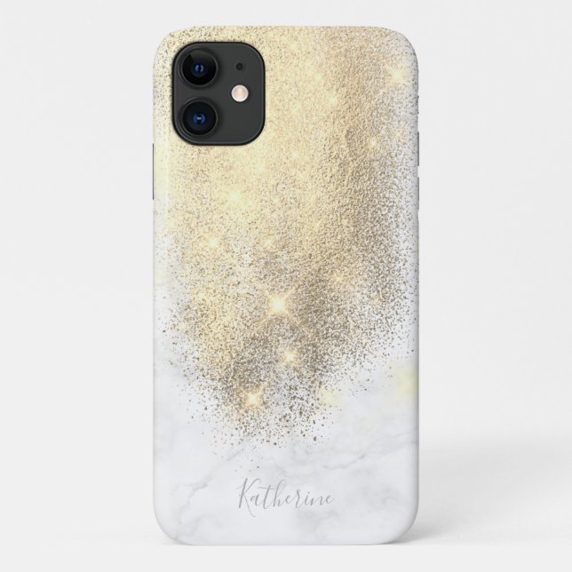 Funda De Case-Mate Para iPhone Elegante mármol blanco purpurina dorado personaliz (Reverso)