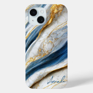 Funda Para iPhone 15 Elegante mármol con vetas de oro blanco Navy Monog