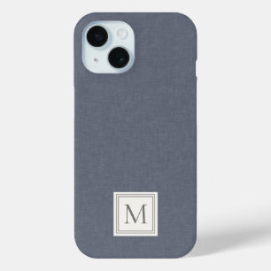 Funda Para iPhone 15 Elegante Minimalista Azul Gris Falso Lino Monogram