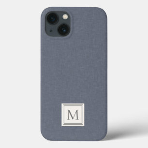 Funda Para iPhone 13 Elegante Minimalista Azul Gris Lino Falso Monogram