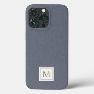 Funda Para iPhone 13 Pro Elegante Minimalista Azul Gris Monograma de Lino F