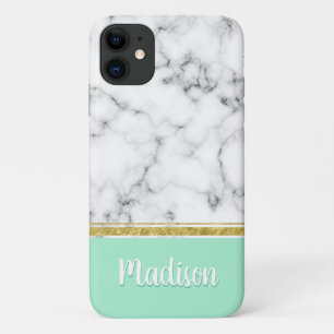 Funda Para iPhone 11 Elegante Mint Marble y Gold Custom Name