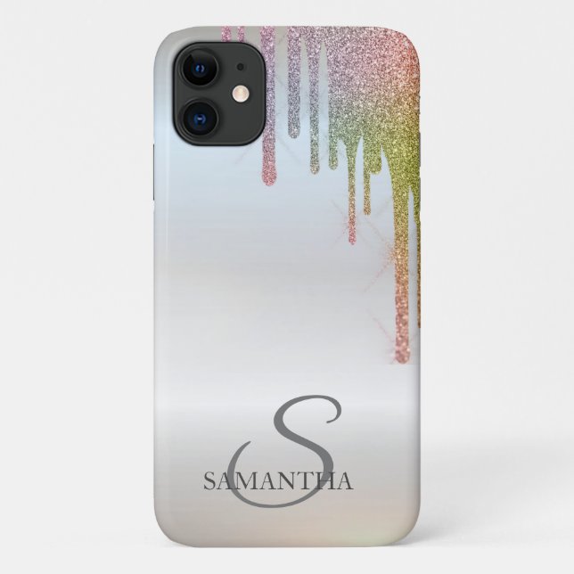 Funda De Case-Mate Para iPhone Elegante Moda Purpurina arcoiris gotea plata (Reverso)