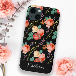 Funda Para iPhone 13 Elegante Moda rosa rosa Roses floral sobre negro