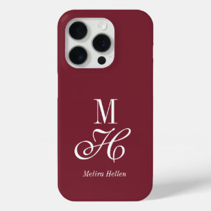 Funda Para iPhone 15 Pro Elegante Moderno Nombre Monograma Burgundy Blanco