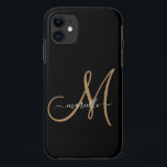 Funda Para iPhone 11 Elegante Monograma Black Gold Name<br><div class="desc">Caso de iphone personalizado con un guión de oro inicial y un nombre de guión blanco en negro Un estilo moderno de tipografía minimalista de tendencia. Seleccione su modelo de dispositivo para este diseño.</div>