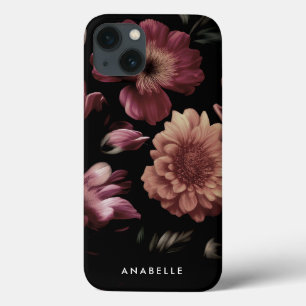 Funda Para iPhone 13 Elegante Monograma Botánico Floral Oscuro