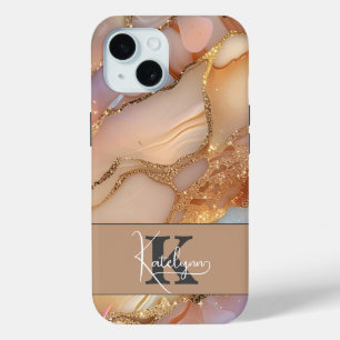 Funda Para iPhone 15 Elegante Monograma Brillante de Nacar y Oro