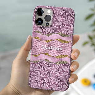 Funda Para iPhone 15 Elegante monograma brillante floral en rosa púrpur