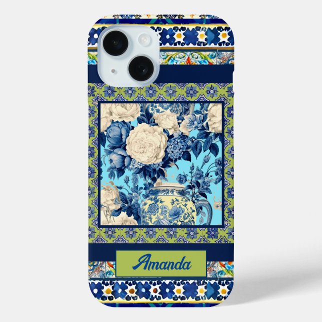 Funda De Case-Mate Para iPhone Elegante monograma de cerámica azul de azulejo (Reverso )