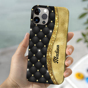 Funda Para iPhone 15 Elegante monograma de diamante negro con brillo de