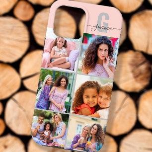 Funda Para iPhone 13 Pro Max Elegante Monograma de Escritura 6 Foto Rosa y Gris