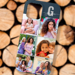 Funda Para iPhone 13 Pro Max Elegante Monograma de Escritura 6 Fotos Azul Pizar