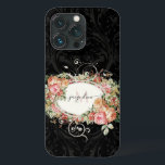 Funda Para iPhone 13 Pro Elegante Monograma de escritura negra floral rosa<br><div class="desc">"Elegante Funda de Monograma iPhone 13 con guion negro rosa floral de época".    Elegante ramo botánico floral vintage enmarca tu nombre y monograma sobre un fondo de damasco en tono negro.  Creado por la artista con licencia internacional Audrey Jeanne Roberts,  copyright.</div>