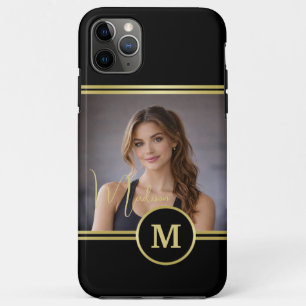 Funda Para iPhone 11 Pro Max Elegante Monograma de Firma de Oro con Foto