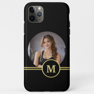 Funda Para iPhone 11 Pro Max Elegante Monograma de Firma en Oro con Foto