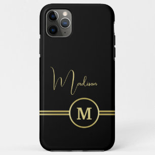 Funda Para iPhone 11 Pro Max Elegante Monograma de Firma en Oro sobre Negro