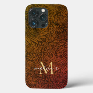 Funda Para iPhone 13 Pro Elegante Monograma de Floral de Naranja y Oro con