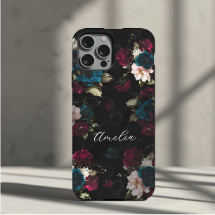 Funda Para iPhone 11 Pro Elegante Monograma de Floral Turquesa Oscuro Rojo