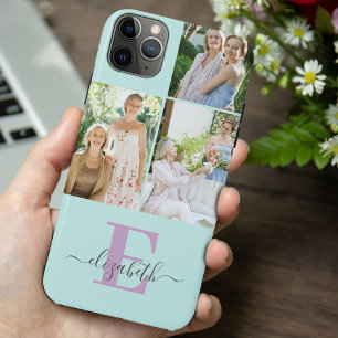 Funda Para iPhone 11 Pro Max Elegante Monograma de guión 3 Foto Menta y Lila