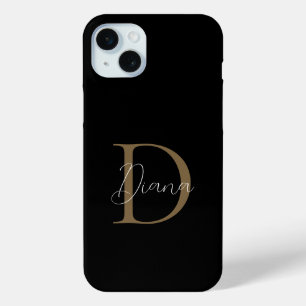 Funda Para iPhone 15 Mini Elegante Monograma de la escritura de oro del Blac