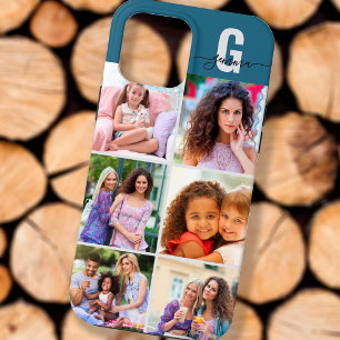 Funda Para iPhone 13 Pro Max Elegante Monograma de Letra 6 Foto Azul y Gris