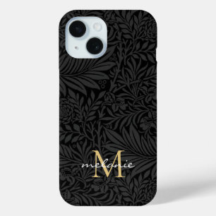 Funda Para iPhone 15 Elegante Monograma de Letra Floral Negra