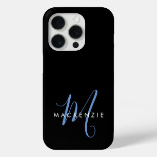 Funda Para iPhone 15 Pro Elegante Monograma de Letra Script Negro Azul Mode