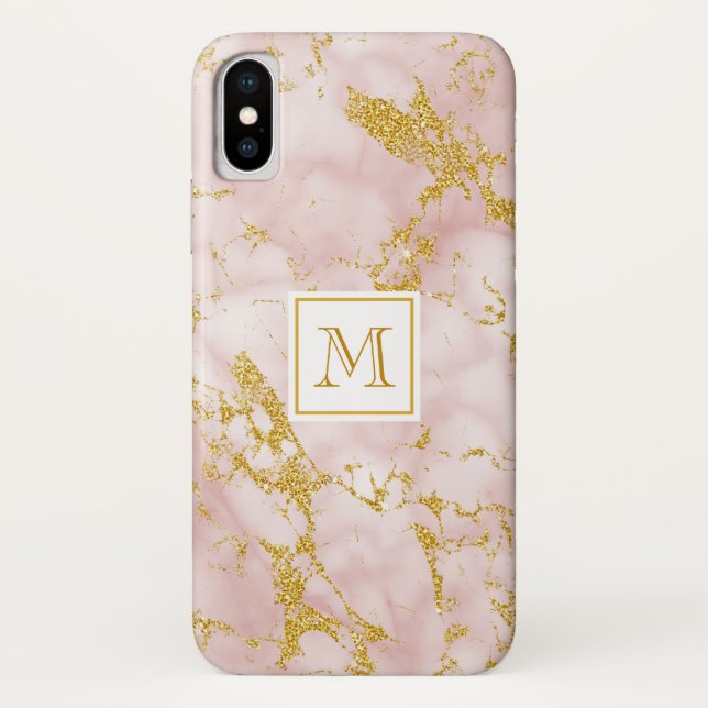Funda De Case-Mate Para iPhone Elegante Monograma de Mármol Rosa Faux Gold Purpur (Reverso)