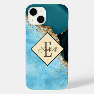 Funda Para iPhone 14 De Case-Mate Elegante Monograma de Mármol Turquesa con Brillo D