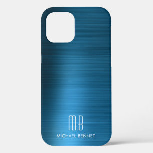 Funda Para iPhone 12 Elegante Monograma de Metal Bruñido Falso Azul