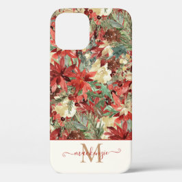 Funda Para iPhone 12 Elegante Monograma de Navidades de Poinsettia Holi