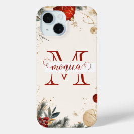 Funda Para iPhone 15 Elegante Monograma Dorado Rojo Nombre Personalizad