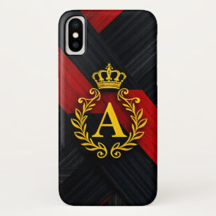 Funda Para iPhone X Elegante Monograma Dorado sobre Negro y Rojo