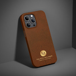 Funda Para iPhone 15 Pro Max Elegante Monograma elegante de cuero falso marrón