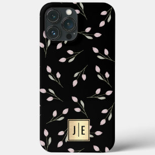 Funda Para iPhone 13 Pro Max Elegante Monograma floral negro y dorado brillante