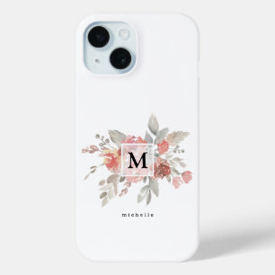 Funda Para iPhone 15 Elegante Monograma Floral Rosa Rubor