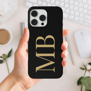 Funda Para iPhone 15 Pro Max Elegante Monograma Inicial Minimalista de Oro Negr