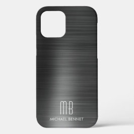 Funda Para iPhone 12 Elegante Monograma Metálico Negro Falso Cepillado 