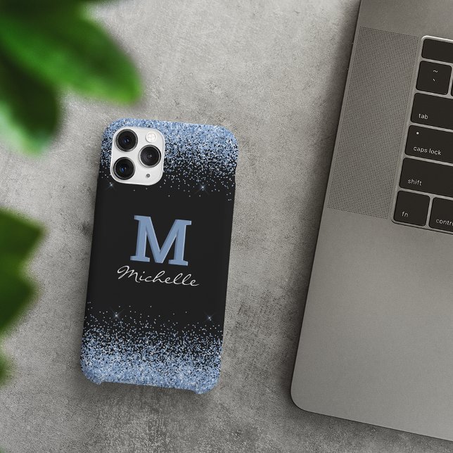 Funda De Case-Mate Para iPhone Elegante Monograma Negro Purpurina azul claro (Subido por el creador)