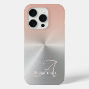 Funda Para iPhone 15 Pro Elegante Monograma Nombre Coral Ombre Faux Metaliz