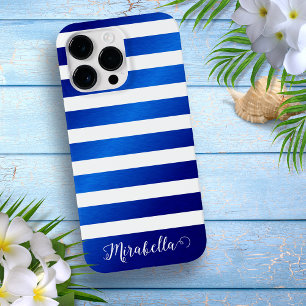 Funda Para iPhone 14 Pro Max De Case-Mate Elegante Monograma Nombre franjas azul y blanca