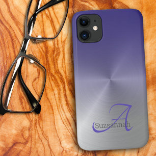 Funda Para iPhone 11 Elegante Monograma Nombre Purple Ombre Faux Metali