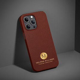 Funda Para iPhone 15 Pro Max Elegante Monograma Nombre Rojo Faux Leather & Gold