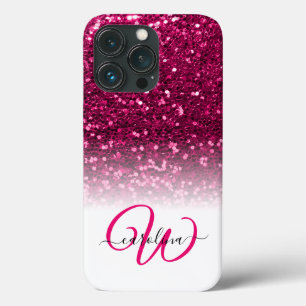 Funda Para iPhone 13 Pro Elegante monograma purpurina rosa nombre blanco