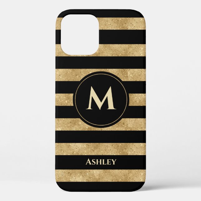 Funda De Case-Mate Para iPhone Elegante Monograma rayado Purpurina de oro negro (Reverso )
