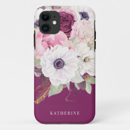 Funda Para iPhone 11 Elegante Monograma Rubor Peony Burgundy Floral