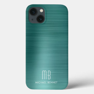 Funda Para iPhone 13 Elegante Monograma Verde Metal Brusado  